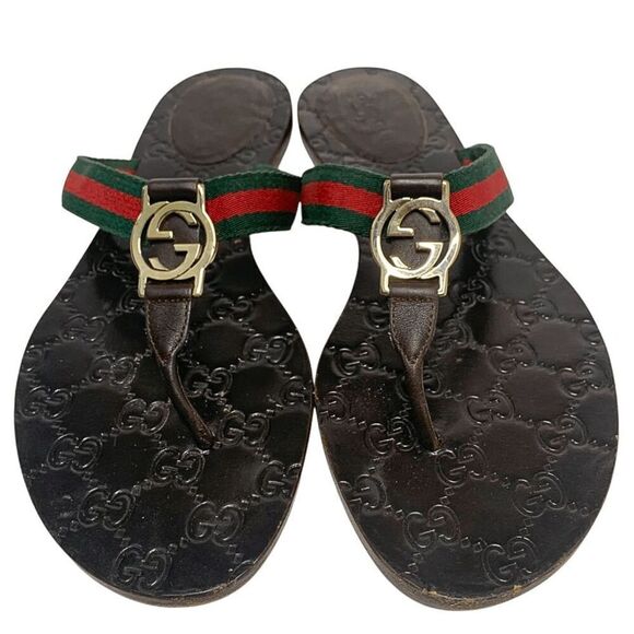 Gucci GG Web Stripe Thong Sandals EU 38.5 US 8.5 Brown Flip Flop Slide Flat Heel - Picture 2 of 13